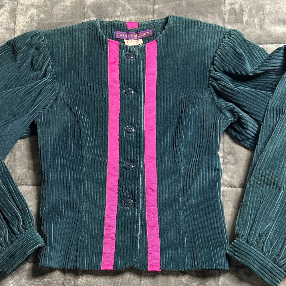 Cathy Hardwick Teal Corduroy Jacket with Pink Accents